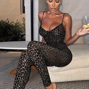 See Through Velvet Leopard Print Cat Suit